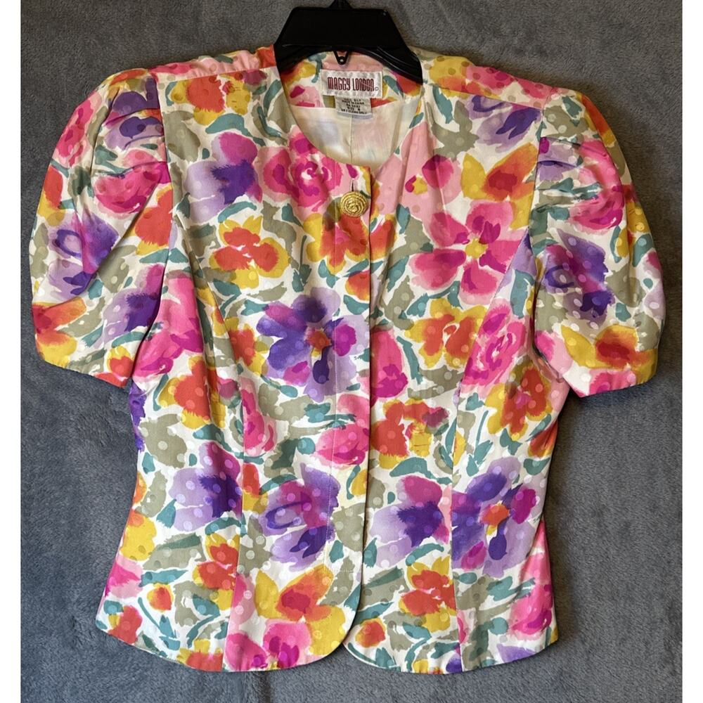 Maggy London 100% Silk Floral Blouse Top Button Puff Sleeve Poppy Cottage Size 8